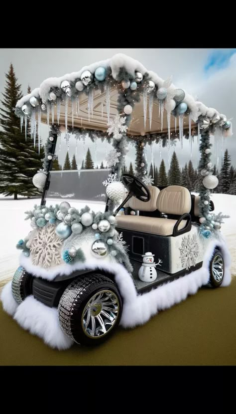 White And Silver Decorations, Christmas Golf Cart, Golf Cart Decorating Ideas, Cart Decorating Ideas, Golf Cart Parade, Golf Cart Decorations, Disney Golf, Christmas Exterior, Golf Cart Ideas