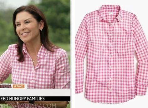 CBS Mornings: October 2023 Meg Oliver's Pink and White Gingham Shirt Gingham Shirt Outfit, Gingham Shirt, Pink And White, Shirt Outfit, Gingham, Fashion Looks, Tv, Pink, White