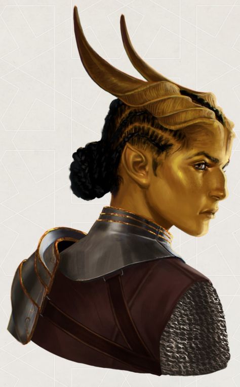 Yellow Teifling, Dnd Races Tiefling, Yellow Tiefling, Gold Tiefling, Female Tiefling Rogue, Old Tiefling, Tiefling Ranger Female, Feytouched Tiefling, Dnd Tiefling