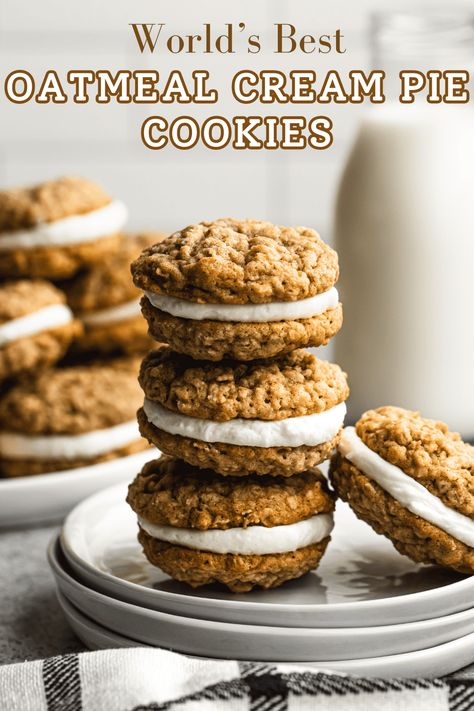 Make the best Oatmeal Cream Pie Cookies at home with this easy recipe! These chewy, homemade treats are perfect for a sweet snack. A simple copycat version with no molasses that tastes just like the classic. Enjoy a delicious and nostalgic dessert with these oatmeal cookies. Oatmeal Cream Pie Recipe, Oatmeal Cream Pie Cookies, Homemade Oatmeal Cream Pies, Cream Pie Cookies, Oatmeal Cream Pie, Cookie Swap Recipes, Homemade Oreo Cookies, Creme Pie, The Best Oatmeal