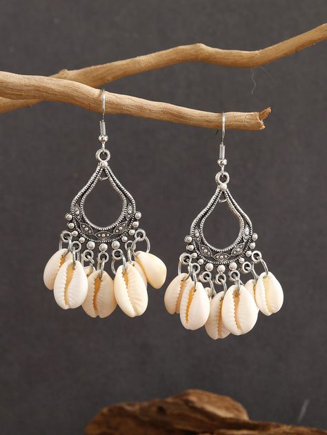 Antique Silver Vacation   Zinc Alloy  Dangle Embellished   Jewelry Diy Seashell Earrings, She’ll Earrings, Kodi Jewellery, Shell Earrings Diy, Cowrie Jewelry, Cowrie Shell Jewelry, Gold Bead Earrings, Shell Choker, Seashell Earrings