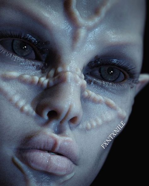 Horror Special Effects, Alien Skin Texture, Alien Skin Tones, Alien Sfx Makeup, Alien Prosthetic Makeup, Silver Alien Makeup, Alien Aesthetic Makeup, Sci Fi Fantasy Aesthetic, Sci Fi Portrait