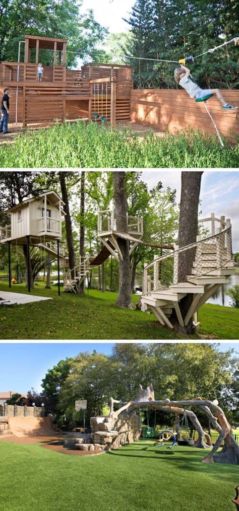 30 Amazing Outdoor Backyard Ideas & Activities That Will Keep Your Kids Entertained 37 Big Tree Backyard, Cool Backyard Ideas For Kids, Fun Yard Ideas, Fun Backyard Ideas For Kids, Family Backyard Layout Play Areas, Cottage Playground, Family Backyard Ideas, Unique Backyard Ideas, Large Backyard Ideas Layout