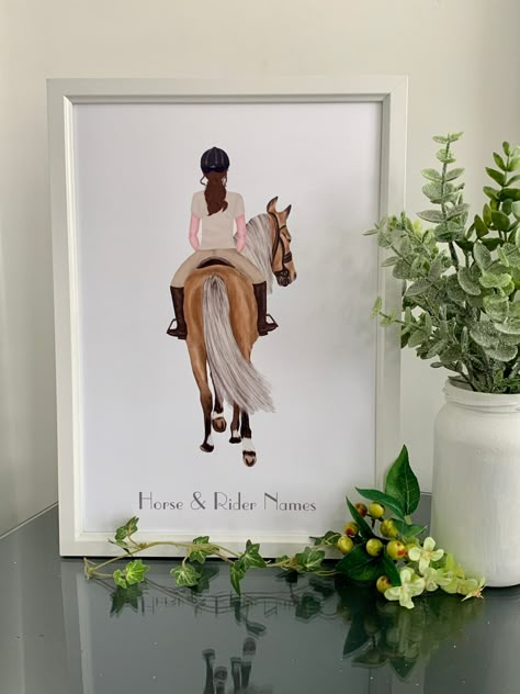 Personalised Frame, Horse and Rider Gift, Horse Lover Gift, Personalised A4 Frame with Horse and Rider, White Frame. A beautiful Birthday or Christmas gift for any horse lover. The framed artwork is personalised with the riders hair colour, the horse coat colour and then finished with their names at the bottom. The artwork is printed on luxury Lustre Card and presented in a white glass frame as per the images in the photo gallery.  The frame has a hard back board which comes with the option of hanging the frame or using the stand so it can sit on a sideboard etc. This really is unique gift for any occasion.  Please leave a message with your order so we can get your item dispatched in good time. We aim to dispatch our items the same working day, however in our busy periods this may be the n Pony Quotes, Horse Themed Bedrooms, Horse Bedroom, Horse Room, Horse Coat Colors, Horses Theme, A4 Frame, Horse And Rider, Equestrian Gifts