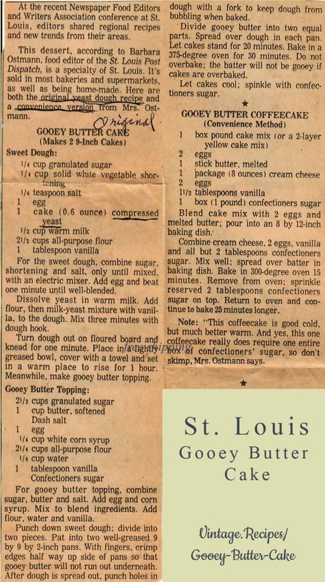 Vintage Breakfast Recipes, Old Newspaper Recipes, Oey Goey Butter Cake Recipe Paula Dean, At Louis Gooey Butter Cake, Old Recipes Vintage, St Louis Gooey Butter Cake Bars, Oey Goey Butter Cake, St Louis Gooey Butter Cake, Oey Goey Butter Bars