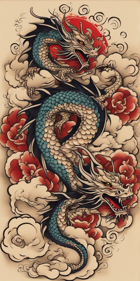 Un vibrante tatuaje de dragón, estilo japonés, ilustrado sobre un lienzo en blanco. Los colores brillantes del dragón aportan vida y energía a la pieza. Tattoo Dragon Japan, Colored Dragon Tattoo, Color Dragon Tattoo, Japanese Dragon Tattoo Art, Dragon Tattoo Japanese Style, Asian Style Tattoos, Dragon Japanese Tattoo, Dragon Manga, Tattoo Koi