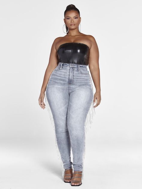 Plus Size Ultra High Rise Rhinestone Fringe Skinny Jeans | Fashion to Figure Clubbing Outfits Nightclub Jeans, Clubbing Outfits Nightclub, Outfits Nightclub, Lounge Logo, Clubbing Outfits, Rhinestone Fringe, Puff Sleeve Crop Top, Jeans Plus Size, Fashion To Figure