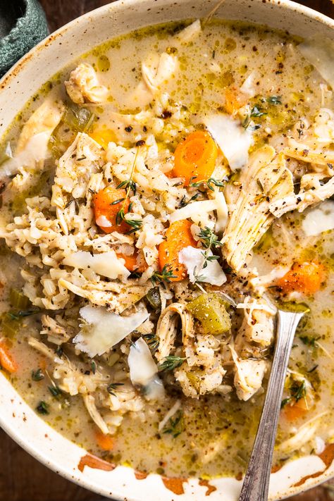 Cozy Instant Pot Chicken and Brown Rice Soup - Modern Farmhouse Eats Chicken Soup With Rice Instant Pot, Chicken Brown Rice Soup, Chicken And Brown Rice Soup, Instant Pot Brown Rice And Chicken, Chicken Rice Instant Pot, Brown Rice Soup, Instant Pot Chicken And Rice Soup, Chicken And Brown Rice Recipes, Chicken And Rice Instant Pot