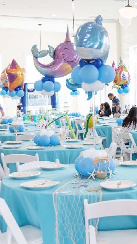 Under The Sea Birthday Party Table Decor, Sea Themed Birthday Party Decorations, Ocean Birthday Table Decorations, Under The Water Birthday Theme, Under The Sea Birthday Party Decorations Centerpieces, Under The Sea Birthday Party Centerpiece, Birthday Theme Under The Sea, Under Sea Birthday Party Decorations, Under Sea Theme Party