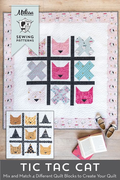 The Tic Tac Cat quilt pattern a fun mix and match quilt pattern featuring 4 different quilt blocks. A cat quilt block, a heart quilt block, an X quilt block and a witch hat quilt block #quiltpatterns Cat Quilt Block, Cat Quilt Patterns, Polka Dot Chair, Mini Quilt Patterns, Baby Quilt Pattern, Beginner Quilt Patterns, Pdf Quilt Pattern, Cat Quilt, Halloween Quilts