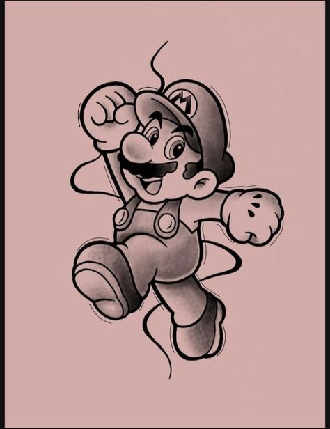 Mario Character Tattoos, Super Mario Tattoo Design, Mario Tattoo Design, Drawing Mario, Super Mario Tattoo, Mario Tattoo, Super Mario Coloring Pages, Brother Tattoos, Tattoo Shading