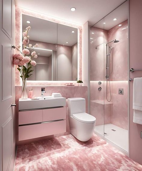 Modern Bathroom Inspo Aesthetic, Bedroom Ideas With Bathroom, Dream Apartment Bathroom, Pink House Aesthetic Interior, Pink Bathroom Ideas Decor, Soft Pink Bathroom, Bedroom Bathroom Ideas, Baños Aesthetic, Pink Bathroom Aesthetic