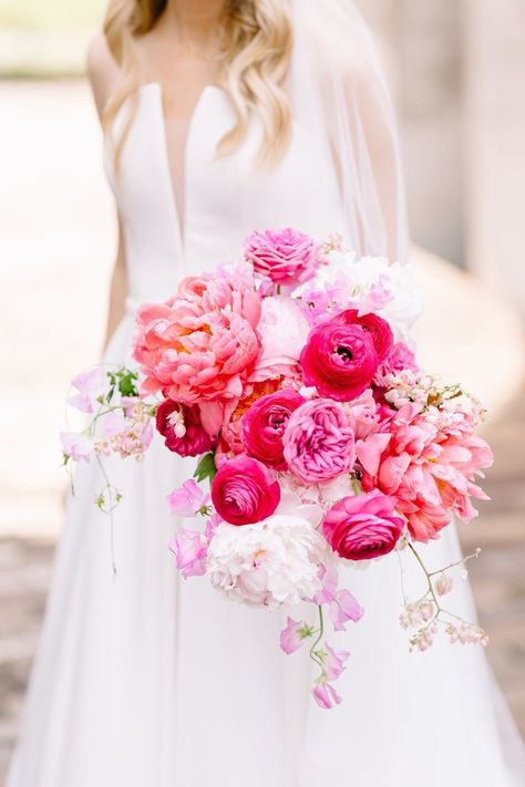 Ranunculus And Peony Bouquet, Bright Pink Wedding Flowers, Ranunculus Bridesmaid Bouquet, Bright Pink Bouquet, Peony And Hydrangea Bouquet, Hot Pink Ranunculus, Sara Bernhardt, Hot Pink Wedding Bouquet, Flower Mechanics