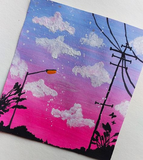 Easy and aesthetic painting to try Pink Sky Aesthetic Painting, Pink And Blue Sky Painting, Dreamy Sky Painting, Sky Scenery Painting, Dreamy Scenery, Space Flowers, Cartoon Paintings, Sky Scenery, Comfort Space