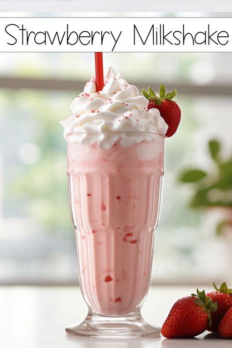 Valentines Milkshake, Milkshake Ideas, Milkshake Recipe Strawberry, Milkshake Flavours, Ice Cream Shake, Iced Tea Lemonade, Strawberry Whipped Cream, Sweet Smoothies, Milk Dessert