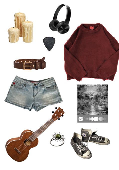 red sweater, headpjones, brown belt, short jeans, ukulele, grey converse, sweater weather, ring, candles, guitar pick Converse Grey Outfit, Grey Converse Outfit, Brown Converse Outfit, High Converse Outfit, Converse Outfit Winter, Ring Candles, High Converse, Brown Converse, Converse Outfit