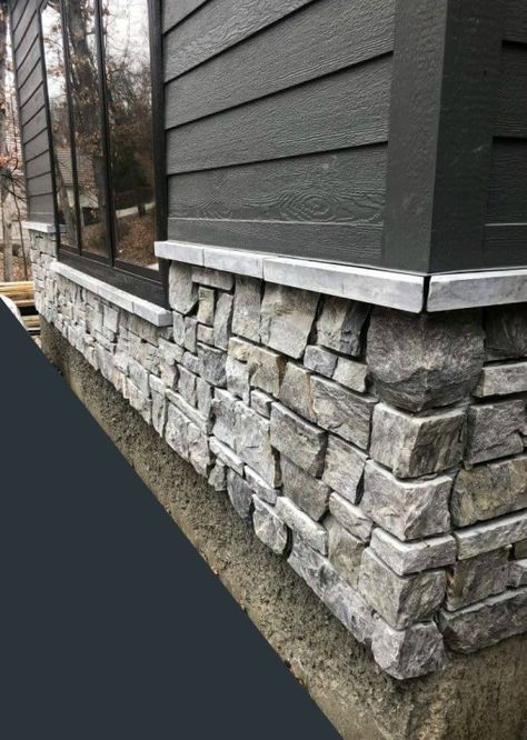 Dark Grey And Brick Exterior, Gray Rock House Exterior, Black And Cedar House Exterior With Stone, Gray Brick Skirting, Rock On Outside Of House, Dark Grey Siding With Brick, Dark Siding Light Brick, Dark Siding House Exterior Colors With Stone, Rock And Vinyl Exterior