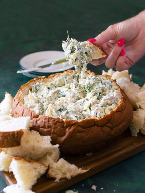 Spinach & Artichoke Dip in a Bread Bowl (Serve Cold) - Fueling a Southern Soul Spinach Artichoke Dip In Bread Loaf, Bread Bowl Spinach Artichoke Dip, Spinach Artichoke Dip Bread Bowl, Bread Bowl Dip Recipes, Bread Bowl Dips, Spinach Dip Cold, Bread Bowl Dip, Lovin Spoonful, Artichoke Bread