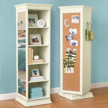 Copycat Chic - make PB Teen's swiveling organizer (their cost $599) by buying one from Target ($79) and adding cork board and mirror! Rotating Bookcase, Smart Tiles, Pb Teen, Bookshelves Diy, Storage Mirror, Storage Hacks, Teen Room, Bedroom Storage