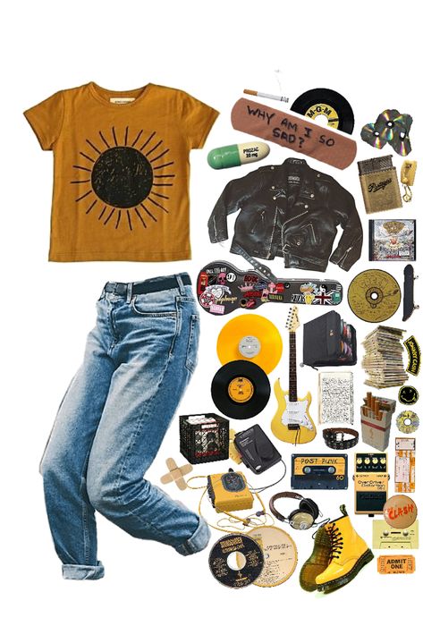 Yellow Shirt Outfit Aesthetic, Artsy Grunge Aesthetic Outfits, Artsy Grunge Aesthetic, Yellow Masc Outfits, Soft Artsy Outfits, Artsy Boy Outfit, Yellow Grunge Top For Summer, Yellow Grunge Tops For Summer, Yellow Grunge Outfit