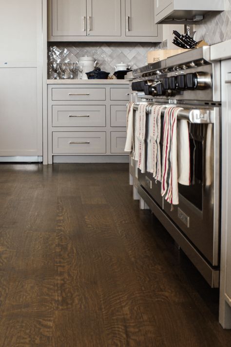 Picture of dark stained white oak flooring installed in a newly renovated kitchen in Austin, Texas. Floor installed by Ace Hardwood Flooring. White Oak Floors Kitchen Dark Cabinets, White Oak Hardwood Floors Dark Cabinets, Kitchen Dark Hardwood Floors, Kitchen Dark Flooring, Kitchen With Dark Hardwood Floors, Ash Brown Hardwood Floors, Oak Kitchen Floors, Espresso Hardwood Floors, Dark Wood Kitchen Floors