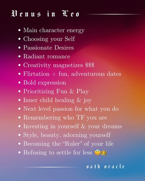 ❤️‍🔥 Venus in Leo Ooooh baby. A new Venus cycle begins tomorrow... that is initiating us to new levels of BAD N BOUGIE. Goddess of Abundance planet Venus meets passionate and prideful Leo. - Main character energy is being activated - Passions and desires are amping up - Standards are raising - And we refuse to settle for less than what our sacred Hearts truly desire. 💅🏾 ❤️‍🔥 👑 Mercury is in Leo as well, indicating that our communication, perception and mindsets are becoming more optimi... Venus Leo Aesthetic, Mercury Leo, Leo Venus Aesthetic, Leo Mercury, Venus Leo, Rising Leo, Aura Colours, Black Bombshell, Glenda The Good Witch