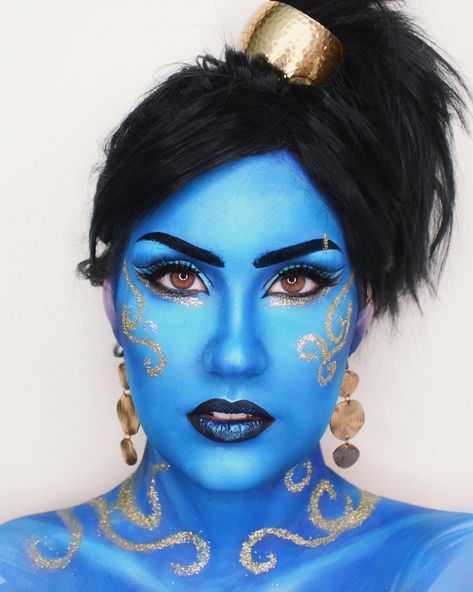 genie makeup Aladdin Makeup Ideas, Aladdin Genie Makeup, Genie Face Paint, Female Genie Costume, Genie Cosplay Female, Aladdin Jr Makeup, Aladdin Makeup, Genie Makeup, Aladdin Genie Costume