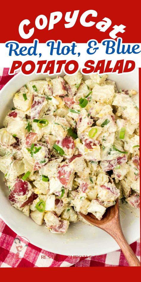 This easy copycat Red Hot and Blue potato salad goes together in less than 30 minutes and you can serve it warm or chilled. It's the perfect summer side dish for your grilled meats and spicy bbq! Red Hot And Blue Potato Salad Recipes, Red Hot Blue Potato Salad, Red White Blue Potato Salad, Red Hot And Blue Potato Salad, Red White And Blue Potato Salad, Summer Potato Recipes, Hot Potato Salad Recipe, Hot Potato Salad, Red Bliss Potatoes