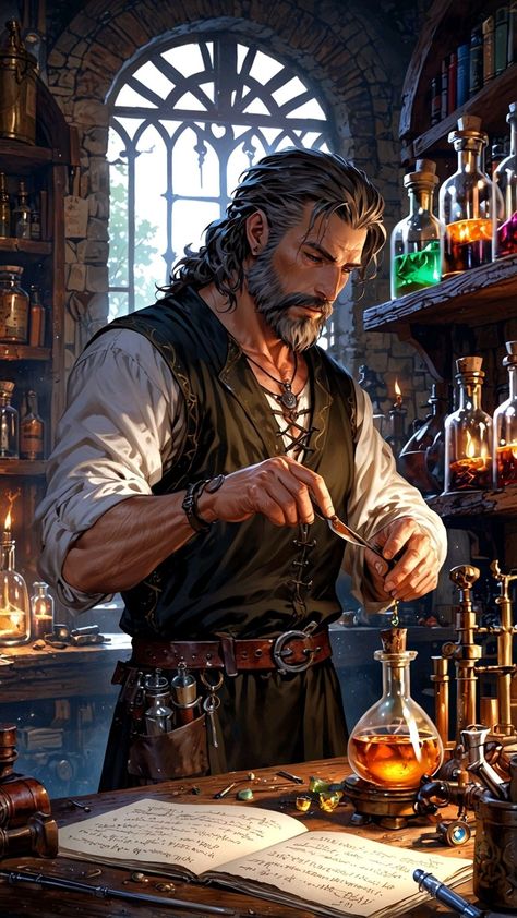 Guild Artisan Dnd, Alchemist Dnd, Dnd Male Character, Dnd Characters Male, Npc Ideas, Fantasy Wizard, Heroic Fantasy, Roleplay Characters, Fantasy Magic