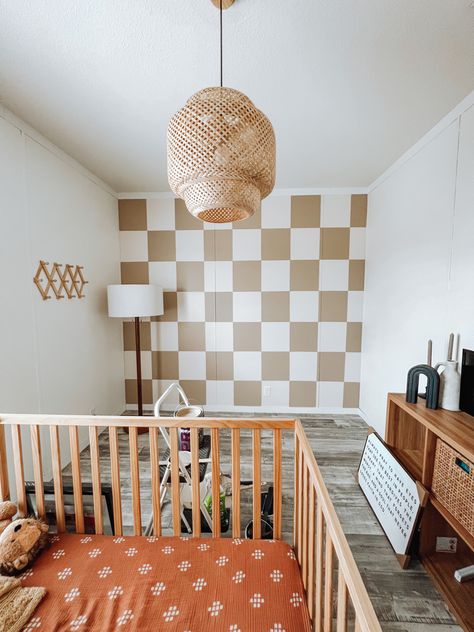 Checkered Accent Wall Nursery, Checkered Print Nursery, Neutral Checkered Nursery, Checkered Toddler Room, Retro Boys Nursery, Toddler Boy Accent Wall, Retro Boy Nursery, Checkered Playroom, Checkerboard Nursery