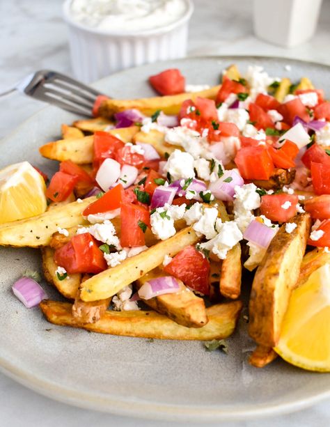 Loaded Greek Feta Fries Feta Fries Recipe, Greek French Fries, Mediterranean Loaded Fries, Greek Fried Feta With Honey, Greek Fries With Feta, Feta Fries, Greek Inspired Feta And Cauliflower, Italian Rice Balls Recipe, Greek Fries