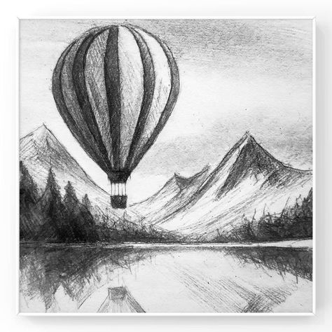 Hot Air Balloons Drawing, Drawing Ideas Scenery Easy, Hot Balloon Drawing, Hot Air Balloon Drawing Sketch, Drawing Ideas Detailed, Sky Drawing Pencil, Pencil Shading For Kids, Charcoal Sketches Easy, Hot Air Balloon Sketch