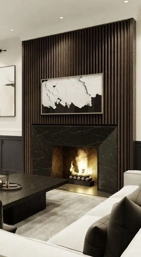 Wood Fireplace Modern Design, Stunning Fireplaces Living Rooms, Reeded Wood Fireplace, Modern Square Fireplace, Black Slat Wall Fireplace, Black Fluted Fireplace, B&q Cancun Paint, Fluted Stone Fireplace, Fluted Fireplace Wall