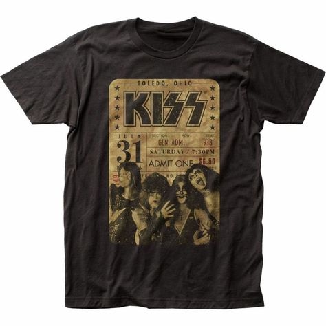 This vintage KISS concert t-shirt spotlights the concert ticket, from KISS’ July 31, 1976 show, in Toledo, Ohio which was performed to promote their latest album, at the time, Destroyer. Made from 100% fitted black cotton, our men's unisex vintage fashion tee features the concert ticket, with a classic photo of KISS, plus the show’s date, time and ticket price. The graphics are washed out for fashionable vintage look. #kiss #genesimmons #paulstanley #mensfashion #bandtees #rockerrags Rock N Roll Concert, Vintage Concert T Shirts, Vintage Rock Tees, Kiss Concert, Classic Photo, Vintage Kiss, Concert Ticket, Toledo Ohio, Honky Tonk