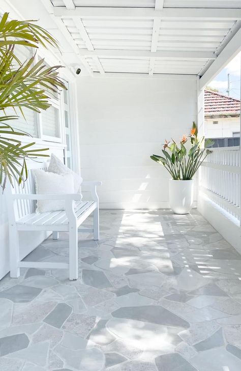 All White Patio, Front Porch Tiles Outdoor, Crazy Paving Patio, Hamptons House Facade, Pergola Flooring, Crazy Tiles, Tiles Entrance, Coastal Front Porch Ideas, Hamptons Porch