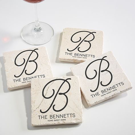 Personalized Initial Tumbled Stone Coaster Set - Initial Accent Joy Gifts, Monogram Coasters, Personalized Housewarming Gifts, Best Housewarming Gifts, Tile Crafts, Creative Diy Gifts, Diy Coasters, Personalized Coasters, Tile Coasters