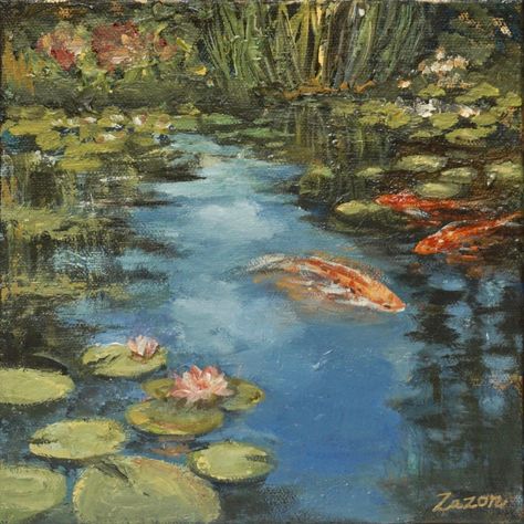 Nature Paintings Aesthetic, Love In Art Painting, Pond Painting Acrylic, Painting Inspiration Aesthetic, Old Art Aesthetic, Koi Pond Painting, Pond Paintings, Asthetic Paintings, Pond Aesthetic