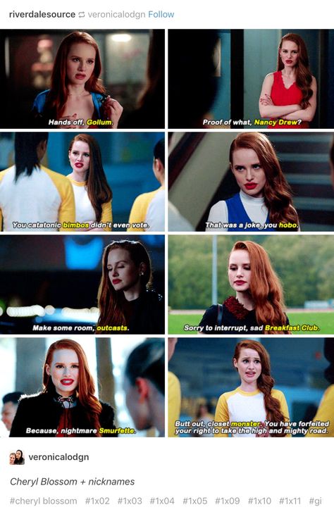 I feel like she's only mean because she feels like an outsider, if she hung around with other people when her brother was alive she wouldn't be so mean to everyone. Cheryl Blossom Quotes, Blossom Quotes, Riverdale Quotes, Toni Topaz, Riverdale Cole Sprouse, Cheryl Blossom Riverdale, Betty And Jughead, Riverdale Funny, Riverdale Memes