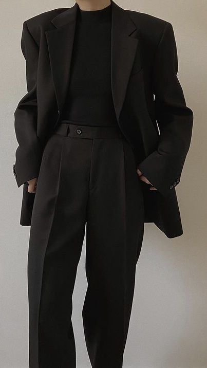 All Black Lawyer Outfit, Full Black Formal Outfit Woman, Suit Coat Outfits For Women Casual, Formal Comfortable Outfit, Dark Masc Outfits For Women, Formal Unisex Outfit, Black Satin Shirt Outfit Casual, Dark Formal Outfit, All Black Suit Women