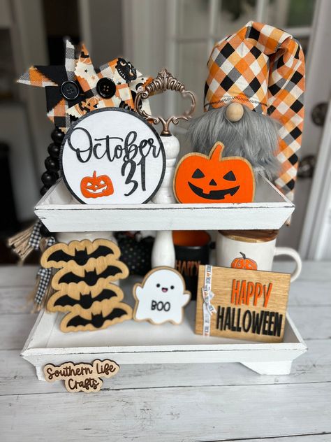 Halloween Tier Tray, Fall Shelf Decor, Neutral Halloween, Halloween Tiered Tray Decor, Tiered Tray Signs, Tray Signs, Easy Diy Halloween Decorations, Tier Trays, Halloween 5