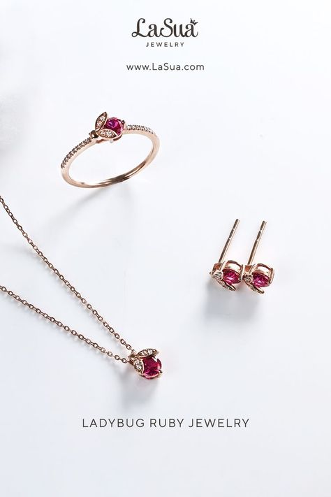 The ladybug ruby jewelry set is thoughtfully designed to complement your unique style. Our sets include a combination of adorable earrings, matching necklaces, and charming rings. 4mm round ruby gemstone can be customized to another color gemstone. A set of great jewelry gifts for animals and pets in nature. The rose gold in 14K ladybug is perfect match with ruby and diamonds. Ruby Jewelry Set, Gold Ring Earrings, Insect Ring, Ladybug Jewelry, Earrings Matching, The Ladybug, Red Stone Ring, Ruby Jewelry, Cz Ring