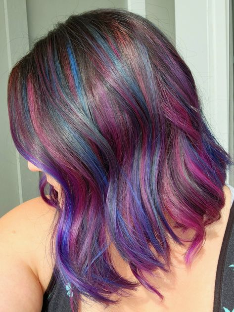 Brown Hair With Pink And Purple Highlights, Blue And Pink Highlights In Brown Hair, Vivid Hair Extensions, Blue Purple Brown Hair, Pink Purple Hair Streaks, Redhead With Purple Highlights, Vivid Balayage Short Hair, Vibrant Hair Highlights, Purple And Pink Hair Short