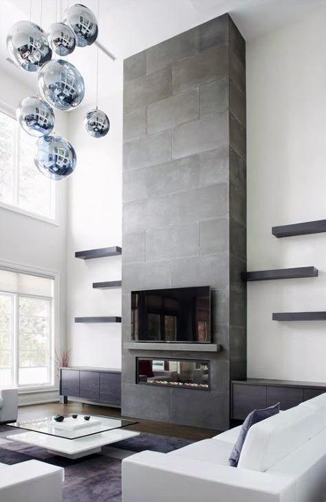 Top 60 Best Concrete Fireplace Designs - Minimalistic Interior Ideas Contemporary Fireplace Designs, Tall Fireplace, Minimalistic Interior, Contemporary Living Room Design, Small Fireplace, Concrete Fireplace, Contemporary Fireplace, Fireplace Remodel, Home Fireplace