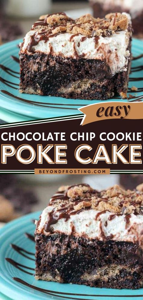 CHOCOLATE CHIP COOKIE POKE CAKE, christmas, holiday baking recipes, easy desserts for a crowd Easy Chocolate Poke Cake, Chocolate Chip Cookie Crust, Cheap Desserts, Poke Cake Recipe, Chocolate Poke Cake, Best Chocolate Desserts, Chilled Desserts, Chocolate Cake Cookies, Chocolate Chip Cookie Cake