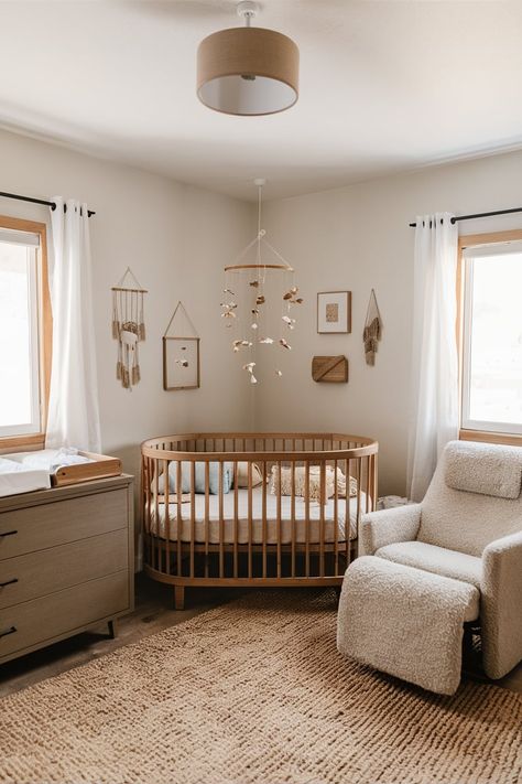 Best Gender Neutral Nursery Themes Crib In Corner Of Nursery, White And Wood Nursery, Baby Changing Station Ideas, Nursery Ideas Neutral Boho, Simple Nursery Ideas Neutral, Gender Neutral Nursery Themes, Neutral Nursery Themes, Round Baby Cribs, Boho Nursery Ideas