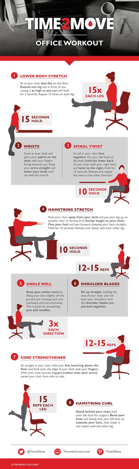 The office doesn�t just have to be for work; it can be for a workout too. All you need is your chair, your desk and these easy exercises� Desk Exercises, Desk Stretching, Stretching Workout, Office Workouts, Work Workouts, Lower Body Stretches, Office Workout, Office Health, Desk Workout