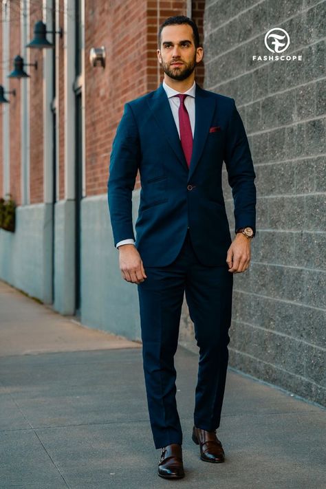 Navy Blue Suit Red Tie, Blue Suit Red Tie, Blue Suit Black Shoes, Suit Red Tie, Red Shirt Outfits, Walking Outside, Business Professional Attire, Men's Outfit By Occasions, Double Monk Strap Shoes