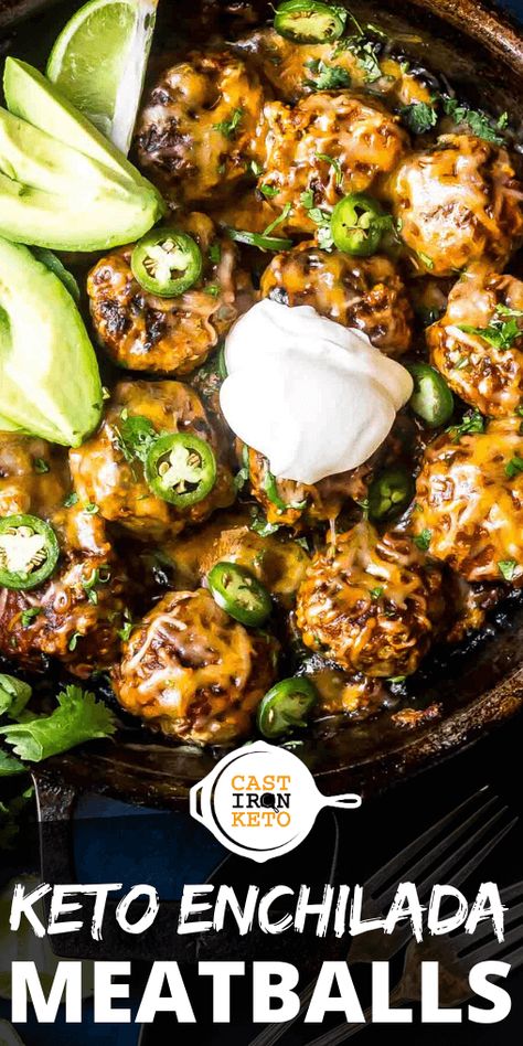 Meatball Keto Dinner, Keto Crowd Pleaser, Enchilada Meatballs Keto, Weeknight Skillet Dinners, Keto Meatball Dinner Ideas, Keto Friday Night Dinner, Keto Dinner Recipes Skillet, Keto Recipes For A Crowd, Super Easy Keto Dinner