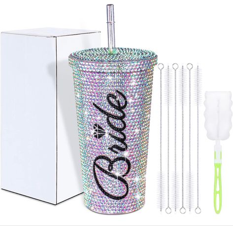 Rhinestone AB Color Bling Diamond Tumbler 16.9 Oz Stainless Steel Insulated Reusable Tumbler with Straw Lid and Brush for Women Girl Bachelorette Shower Wedding (Bride) Bride Cup, Bride Tumbler, Bling Tumbler, Rhinestone Tumbler, Rhinestone Cups, Cleaning Brushes, Reusable Tumbler, Wedding Gifts For Bride, Diamond Glitter