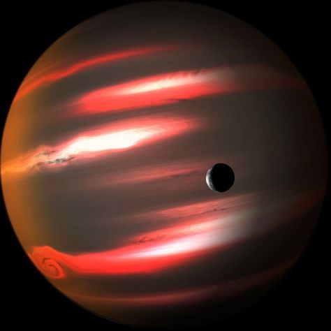 ⚫️ Darkest Known Exoplanet.  TrES-2b is a Jupiter-sized exoplanet discovered in 2006 by the Trans-Atlantic Exoplanet Survey (TrES). It happens to be in the field-of-view of NASA’s Kepler space telescope and observations by Kepler found that it reflects less than one percent of the sunlight falling on it. This makes TrES-2b one of the darkest exoplanets currently known. TrES-2b orbits just five million kilometres from its parent star and has an orbital period of only 2.47 days. It is in a catego Tres 2b, Earth Rise, Beautiful Planets, Space And Aliens, Pillars Of Creation, Ike Turner, Dark Planet, Austin Moon, Acid Rock